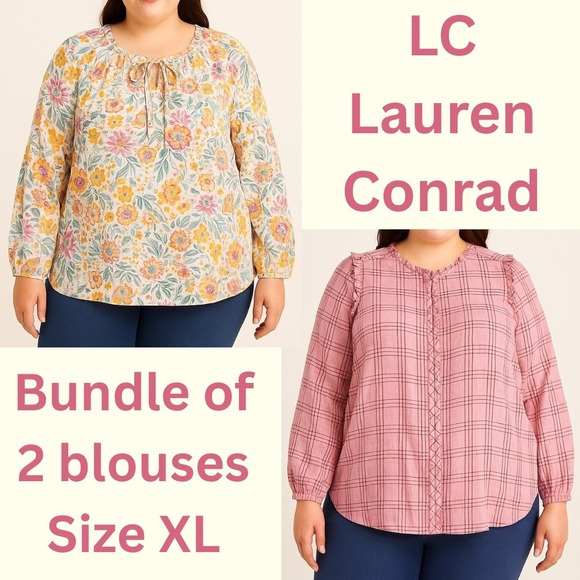 LC Lauren Conrad Tops - LC Lauren Conrad Bundle Size XL Floral Plaid Blouse Tops Ruffle Popover Feminine